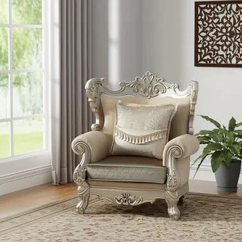 47" Beige Green and Champagne Fabric Geometric Arm Chair And Toss Pillow