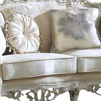 61" Ivory And Silver Damask Chesterfield Loveseat