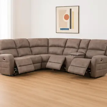 Brown Genuine Leather Power Reclining L Shaped Six Piece Corner Sectional With Console