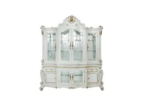 23" X 79" X 92" Antique Pearl Wood Polyresin Glass Mirror Hutch  Buffet