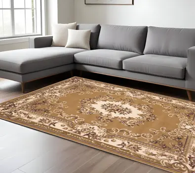 8' X 11' Beige And Ivory Floral Medallion Area Rug