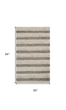 5' X 7' Gray And White New Zealand Lambs Wool Striped Hand Woven Area Rug