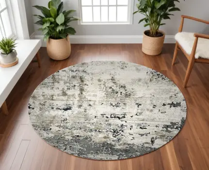 8' Ivory And Teal Abstract Round Rug