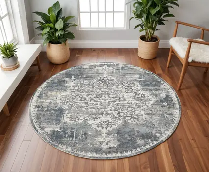 7' Round Polyester Ivory Area Rug