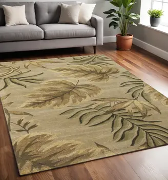 5' X 8' Sand And Beige Wool Botanical Leaves Hand Tufted Area Rug