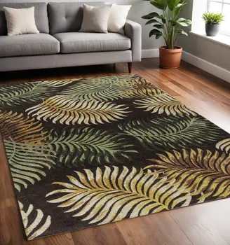 5' X 8' Espresso Green And Yellow Wool Botanical Leaves Hand Tufted Area Rug