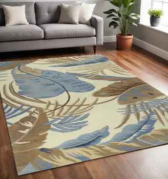 5' X 8' Ivory and Blue Wool Tropical Botanical Hand Tufted Area Rug