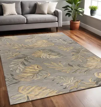 5' X 8' Gray And Taupe Wool Tropical Botanical Hand Tufted Area Rug