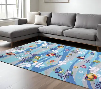 8' X 10' Blue Red And White Fish Hand Hooked Area Rug