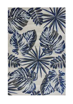8' X 11' Blue And Gray Botanical Leaves Area Rug