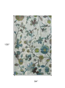 8' X 11' Teal Blue White And Green Floral Area Rug