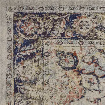 8' X 11' Ivory Blue And Orange Floral Medallion Area Rug