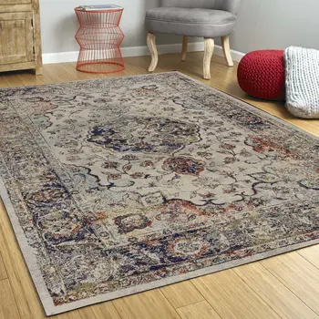 8' X 11' Ivory Blue And Orange Floral Medallion Area Rug