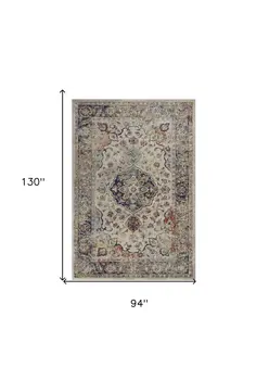 8' X 11' Ivory Blue And Orange Floral Medallion Area Rug