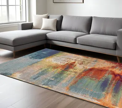8' X 11' Blue Rust And Orange Abstract Area Rug