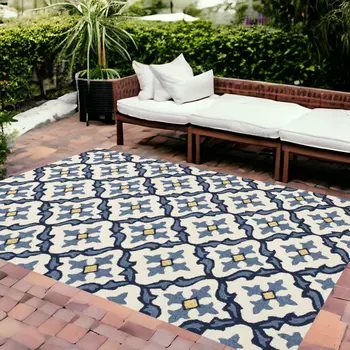 8' X 10' Blue And Ivory Moroccan Handmade Indoor Outdoor Area Rug