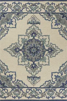 8' X 10' Ivory And Blue Damask Indoor Outdoor Area Rug