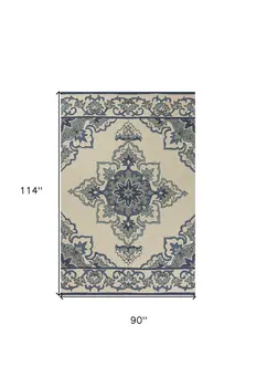 8' X 10' Ivory And Blue Damask Indoor Outdoor Area Rug