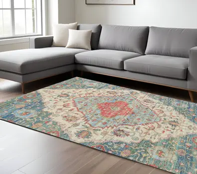 7' X 12' Blue and Red Medallion Handmade Area Rug