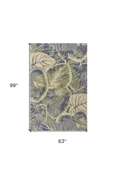 5' X 8' Blue Green And Beige Wool Tropical Botanical Hand Tufted Area Rug