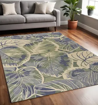 5' X 8' Blue Green And Beige Wool Tropical Botanical Hand Tufted Area Rug