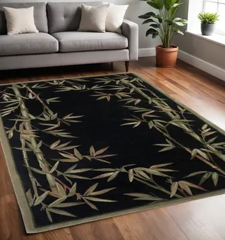 5' X 8' Black Green And Brown Wool Tropical Botanical Hand Tufted Area Rug