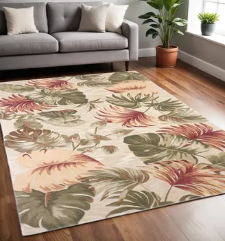 5' X 8' Beige Green And Pink Wool Botanical Leaves Hand Tufted Area Rug