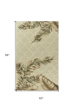 5' X 8' Sage And Taupe Wool Tropical Botanical Hand Tufted Area Rug