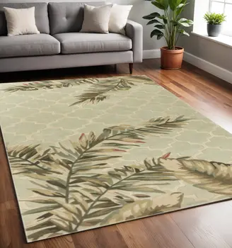 5' X 8' Sage And Taupe Wool Tropical Botanical Hand Tufted Area Rug