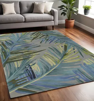 5' X 8' Blue And Gray Wool Tropical Botanical Hand Tufted Area Rug