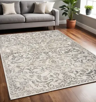 8' X 10' Ivory and Gray Floral Vines Distressed Area Rug