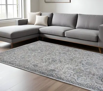 8' X 11' Blue And Silver Floral Area Rug