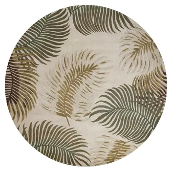 8' Beige Green And Brown Wool Botanical Leaves Hand Tufted Round Rug