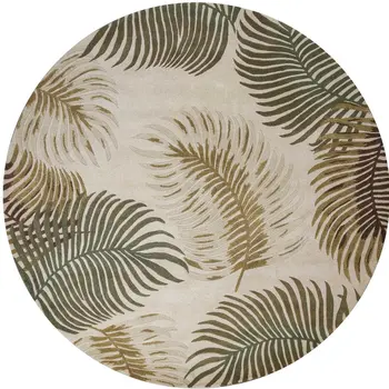 8' Beige Green And Brown Wool Botanical Leaves Hand Tufted Round Rug