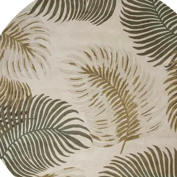 8' Beige Green And Brown Wool Botanical Leaves Hand Tufted Round Rug