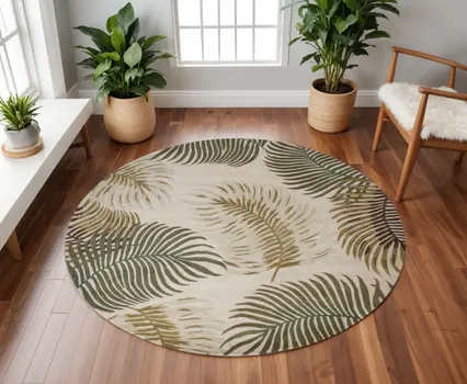 8' Beige Green And Brown Wool Botanical Leaves Hand Tufted Round Rug