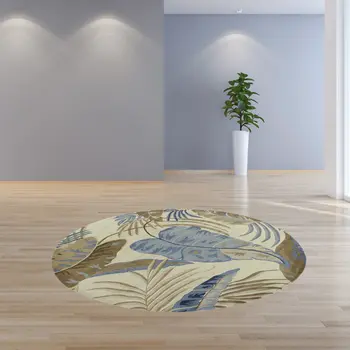 8' Ivory And Blue Wool Botanical Leaves Hand Tufted Round Rug