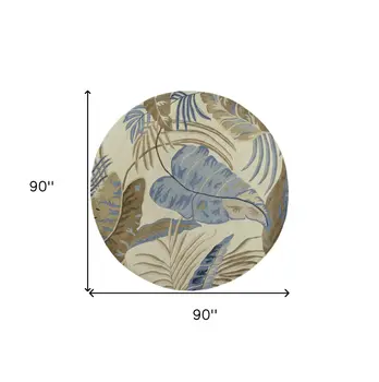 8' Ivory And Blue Wool Botanical Leaves Hand Tufted Round Rug