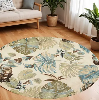 7' Ivory And Blue Wool Botanical Leaves Hand Tufted Round Rug