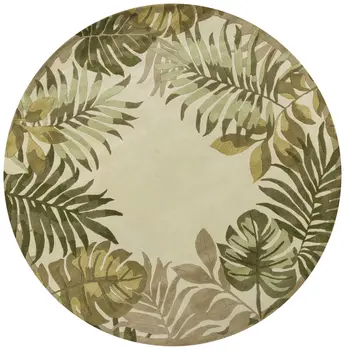 8' Ivory And Green Wool Botanical Leaves Hand Tufted Round Rug