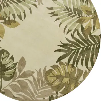 8' Ivory And Green Wool Botanical Leaves Hand Tufted Round Rug
