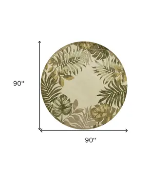 8' Ivory And Green Wool Botanical Leaves Hand Tufted Round Rug