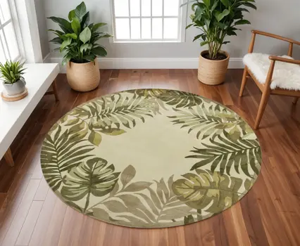 8' Ivory And Green Wool Botanical Leaves Hand Tufted Round Rug