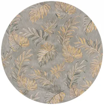 8' Gray And Taupe Wool Tropical Botanical Hand Tufted Round Rug