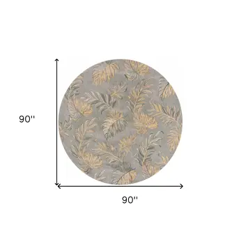 8' Gray And Taupe Wool Tropical Botanical Hand Tufted Round Rug