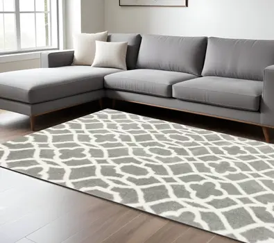 8' X 11' Grey Ivory Machine Woven Ogee Indoor Shag Area Rug