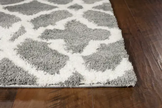 8' X 11' Grey Ivory Machine Woven Ogee Indoor Shag Area Rug