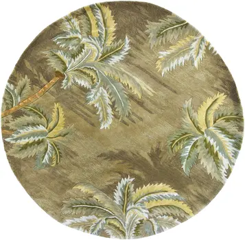 8' Moss Green And Yellow Wool Tropical Botanical Hand Tufted Round Rug