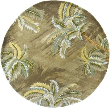 8' Moss Green And Yellow Wool Tropical Botanical Hand Tufted Round Rug