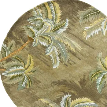 8' Moss Green And Yellow Wool Tropical Botanical Hand Tufted Round Rug